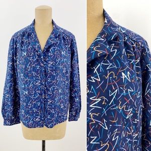 Memphis Design Abstract Zig Zag Rainbow Blue Button Up